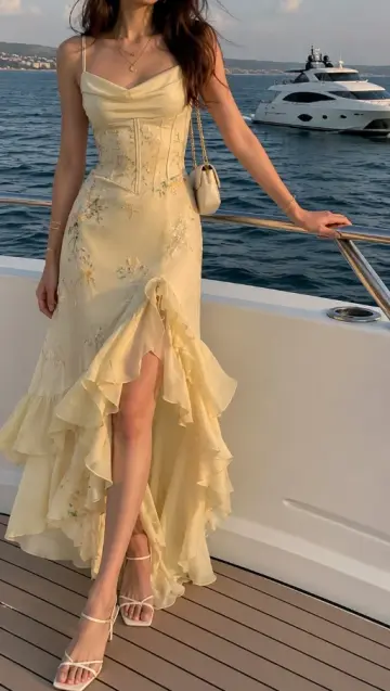 French Chic Yellow Ruffled Sheath Spaghetti Straps Embroidery Corset Maxi Prom Dress Evening Dress RS479