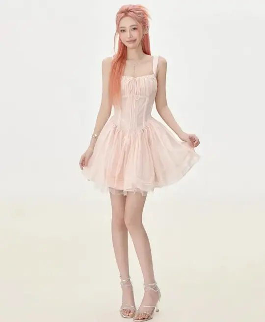 Light pink suspender waist slim A-line short skirt homecoming dress R5237