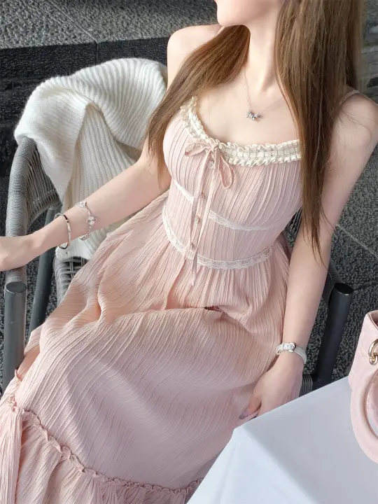 Gentle fairy nude pink lace sling long skirt dress R3872