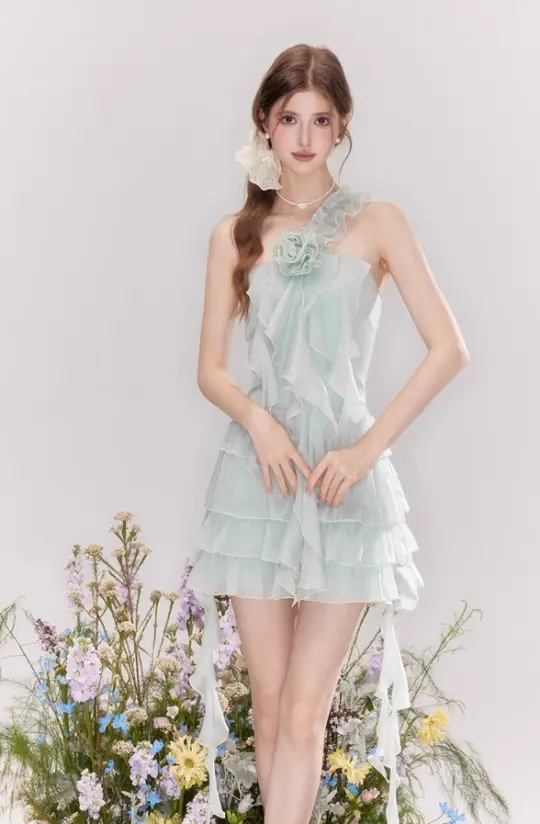 French ruffled one-shoulder dress atmosphere cake skirt R4536