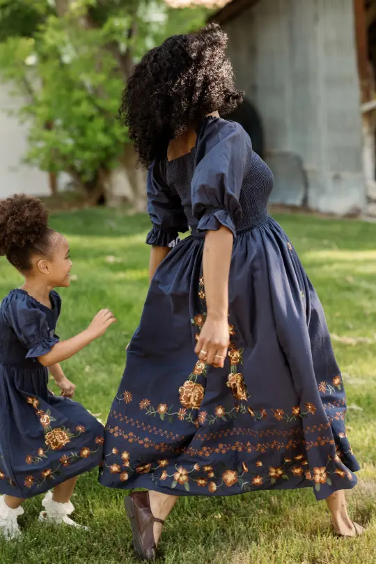 Teagan Dress in Navy Embroidered Fall Floral