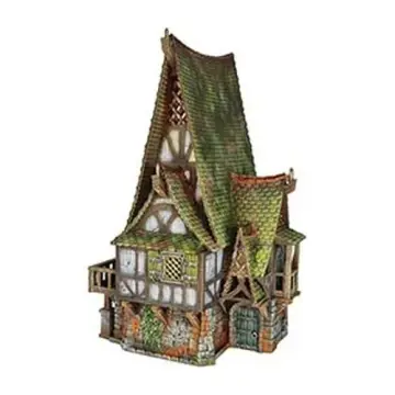 Fully painted 28mm 3D-printed tall A-frame house with sweeping green roof — tabletop RPG terrain for D&D, Pathfinder & wargaming