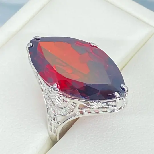 Red Garnet CZ Ring, Size 9, Marquise Cut Gemstone, Victorian Filigree Jewelry #D75 - Ready to Ship