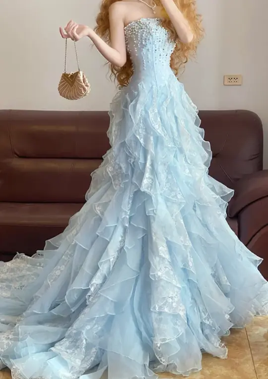 Light Blue Strapless Waist-Cinched Elegant Long Ball Gown & Bridal Gown R7380