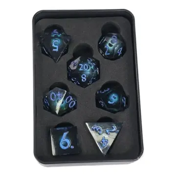 Sharp edge DnD dice set, smoky resin with a teal blue moving eye and glitter blue numbers, 7 dice in a Project Kirtrite tin