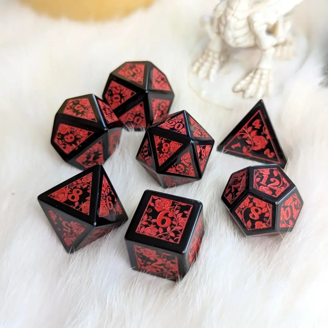 Obsidian Rose Vine Gemstone Dice Set
