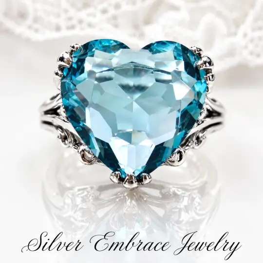 Aquamarine Heart Ring, Size 6, Art Deco Jewelry #D213 - Ready to Ship