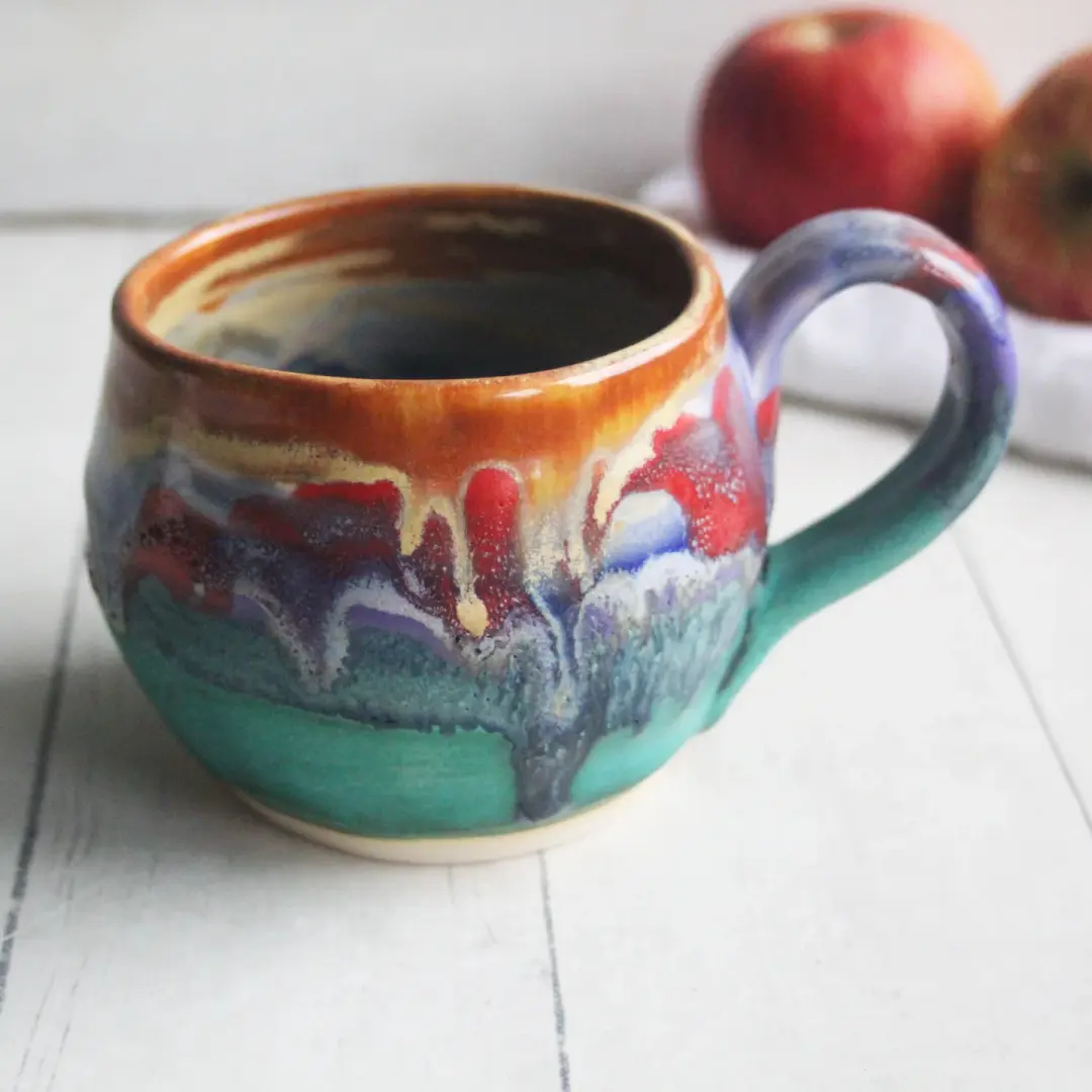 Stoneware Coffee Mug in Multi Colored Glazes, Colorful Coffee Cup, 13 oz. Handmade in USA