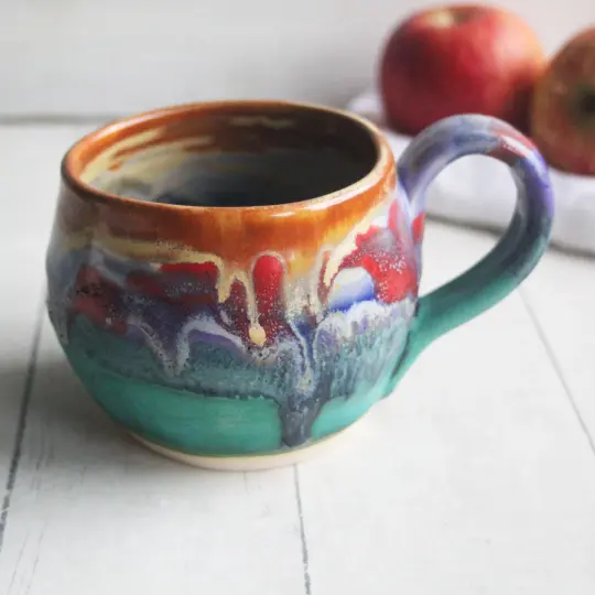 Stoneware Coffee Mug in Multi Colored Glazes, Colorful Coffee Cup, 13 oz. Handmade in USA