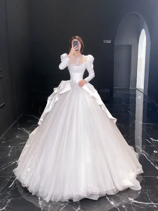 White satin classic elegant waist slim fit puffy skirt tulle bridal dress R6025