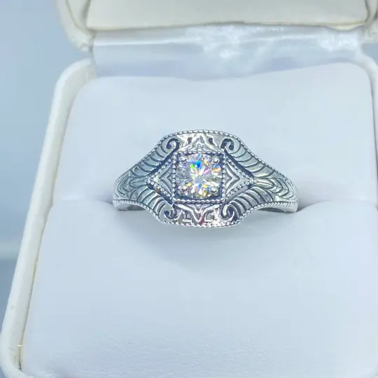 Moissanite Ring, Size 11, Art Deco Swirl Filigree Jewelry #D189 - Ready to Ship