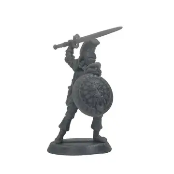 Unpainted 28mm 3D-printed resin crested-helm fighter with raised sword and round shield - tabletop RPG miniature for D&D, Pathfinder & wargaming