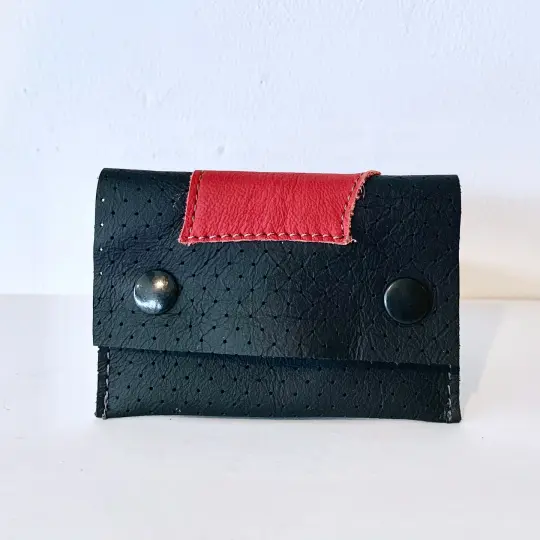 Red & Black Perforated Leather Card Case/ Business Card Holder