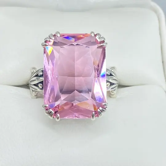 Pink Topaz Ring, 13ct Cushion Cut Gem, Luv Ring, Vintage Jewelry #D109