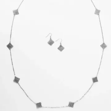 Silver Metallic Squares Necklace and Earrings Set