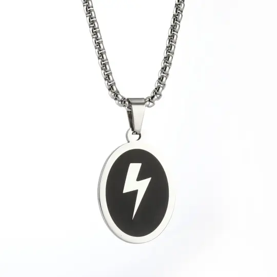 Black Enamel Oval Pendant Lightning Bolt Silver Pendant & Chain (Stainless Steel)