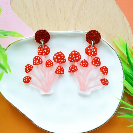 Red Polka Dot Amanita Mushroom Dangle Earrings, Laser Cut Resin Jewelry