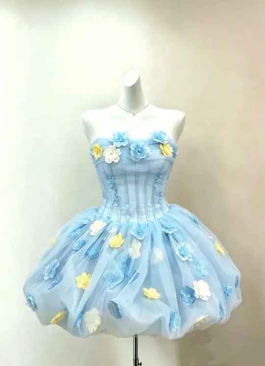 Cute Pale Blue Homecoming Dress , Puffy Tulle Applique Corset MIni Summer Dress RS1753