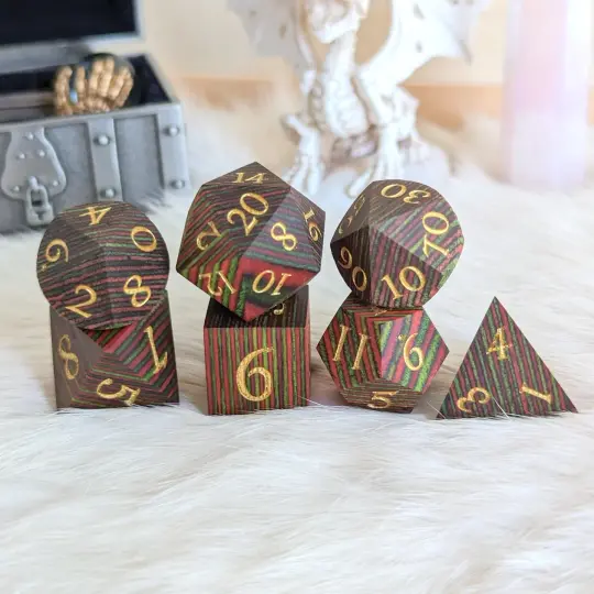 Green and Red Stripe Wood Dice Set – 7-Piece Layered Wooden DnD Dice | Fennek & Finch