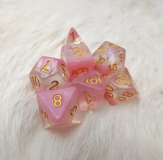 Cherry Blossom Dice Set – 7-Piece Translucent Micro Shimmer Pink Pearly Bottom