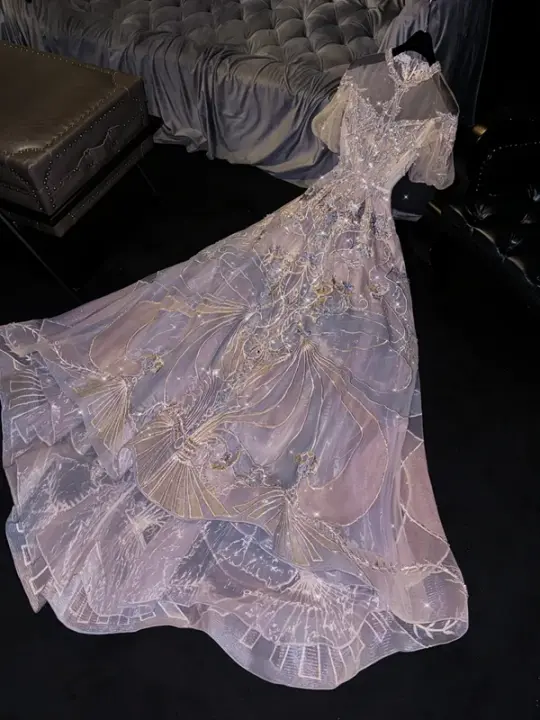 Light purple round neck fitted waist long ball gown/bridal dress R8740