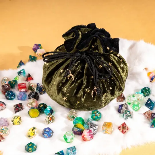 Starry Olive Green and Black Dice Bag – Multi-Pocket Velvet Pouch with Moon Charms