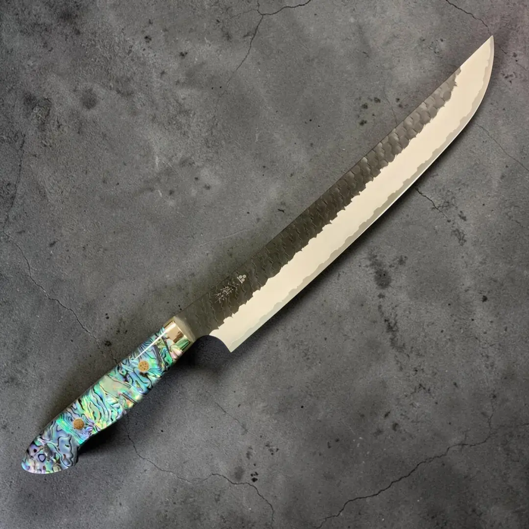 Nigara Hamono SG2 Kurouchi Tsuchime Sujihiki 270 mm with Abalone Western Handle