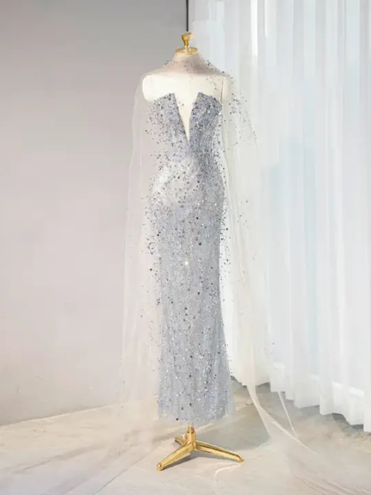 Gray strapless fitted long ball gown R9002