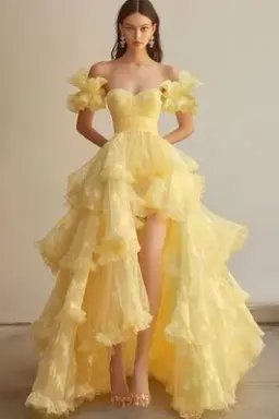 Vibrant Tulle Frilled Prom Gown Yellow Women's Maxi Evening Dress Ball Gown RS2828