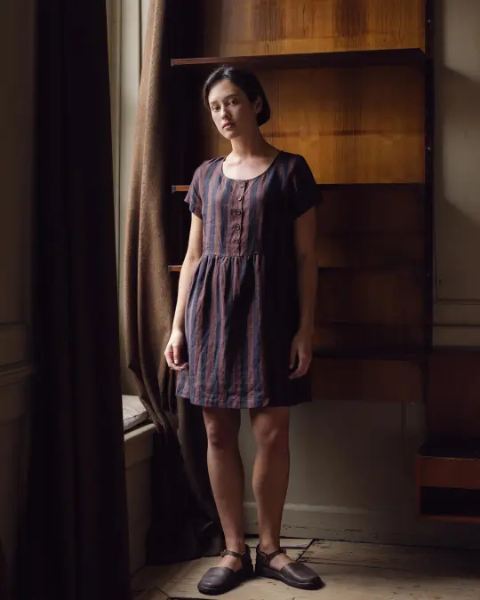 No.10 Button Up Linen Dress in Cocoa and Black Stripe