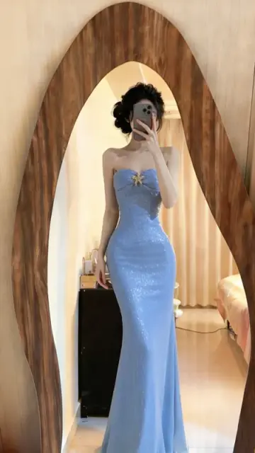Light blue strapless fitted waist sexy ball gown R9065