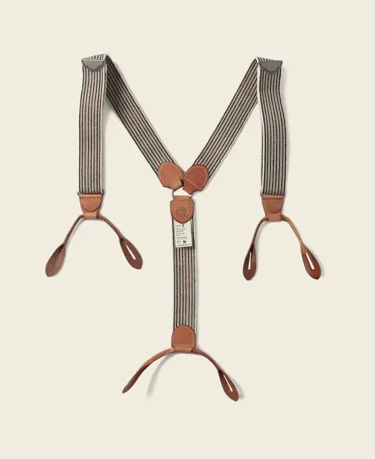 Old-Time Y-Back Leather Button Suspenders - Blue/Yellow Stripe