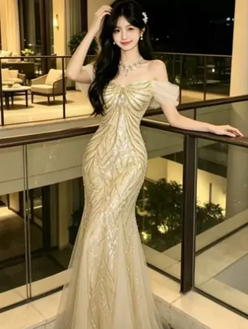 Golden Sparkly Prom Gown , Sequins Elegant Bodycon Maxi Evening Dress RS1396