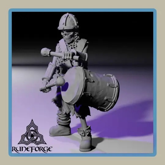 render of 28mm miniature undead armored skeleton with drum