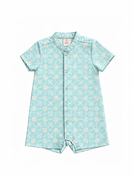 Mandarin-collared Romper - Teal Plaid Tiles