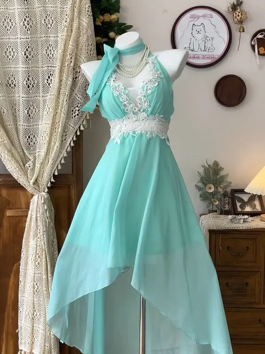 Elegant Turquoise A-Line Halter Lace Embroidery Waist Mini Summer Dress Homecoming Dress RS165