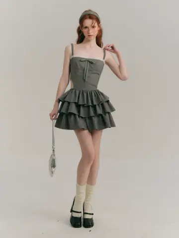 Gray Corset Mini Dress with Lace Trim, Bow Detail, Tiered Ruffle Skirt and Waist Cutout R9271