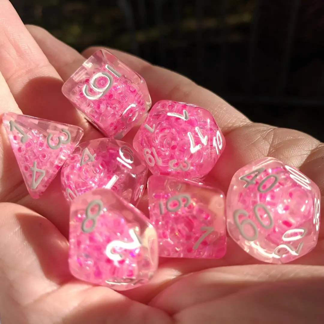 Pink Bead Dice Set – Clear Resin with Small Pink Beads