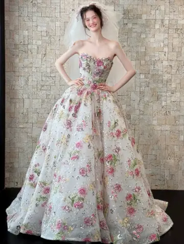 Puffy Tulle Glitter Corset Prom Gown , Floral Women's Maxi Evening Dress Birthday Dress RS2283