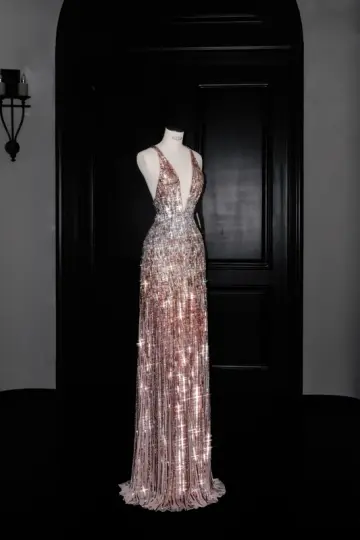 Pink sequined suspenders deep V sexy waist slim long skirt, prom dress R5690