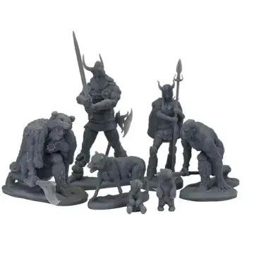 Unpainted 28mm 3D-printed resin frost giant clan set of six, four giants with a dire wolf and two cubs - tabletop RPG miniature for D&D, Pathfinder & wargaming