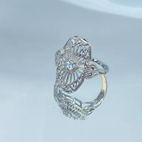 Vintage Style Moissanite Ring, Size 6, Round Gem, Debut, Victorian Sterling Silver Filigree, D588 - Ready to ship