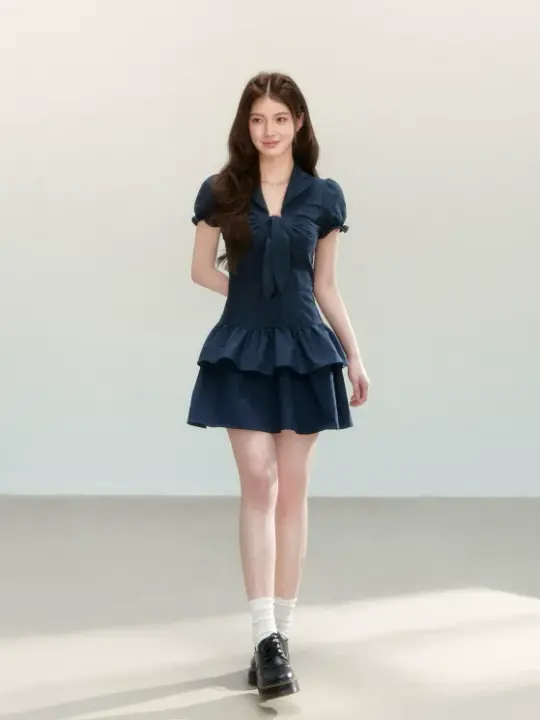 Navy Blue Puff Sleeve Dress with Neck Tie, Button Front and Tiered Skirt R9223