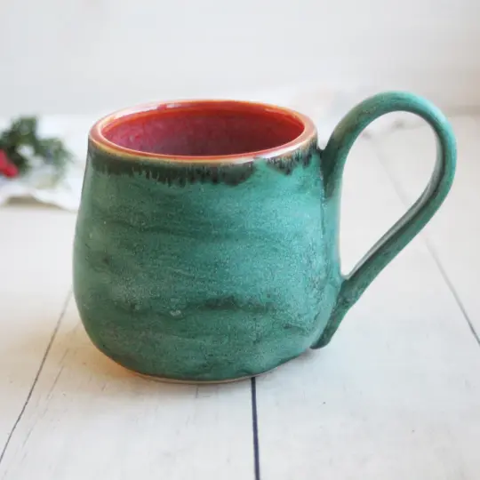 Rustic Mug in Matte Copper Green and Red Glazes, 12 Ounce, Made in USA