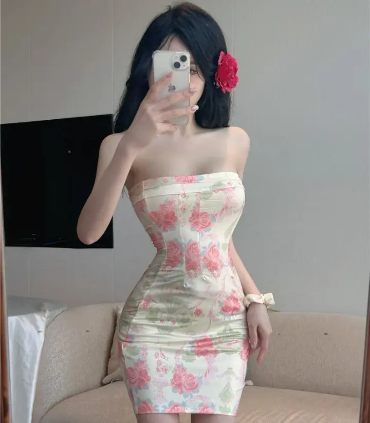 One-shoulder floral tube top dress French style backless tight-fitting slimming hip skirt R3790