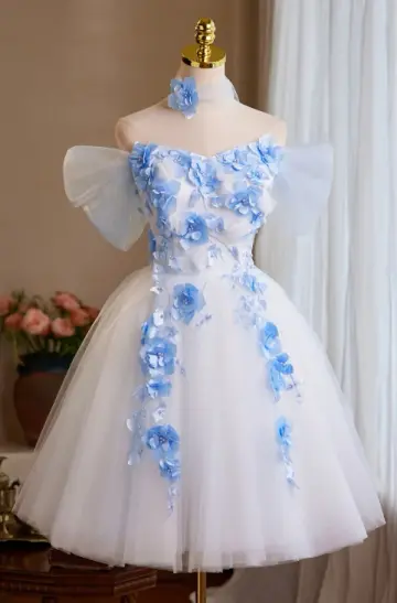 Fresh White A-Line Off-the-shoulder Blue-Applique Corset Mini Evening Dress Homecoming Dress RS581