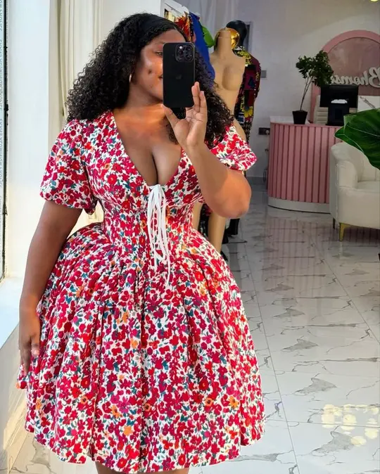 Red floral retro waist V-neck sexy short skirt homecoming dress R3107