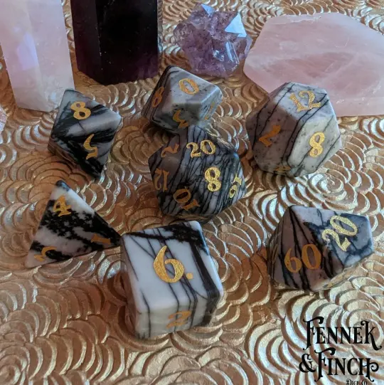 Spider Web Jasper Gemstone Dice Set – 7-Piece DnD Dice | Fennek & Finch