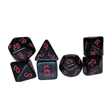 A seven-piece set of polyhedral roleplaying dice arranged in small stacks against a white background. The dice are a solid black with subtle sparkles, featuring numbers painted in a contrasting red gothic font.