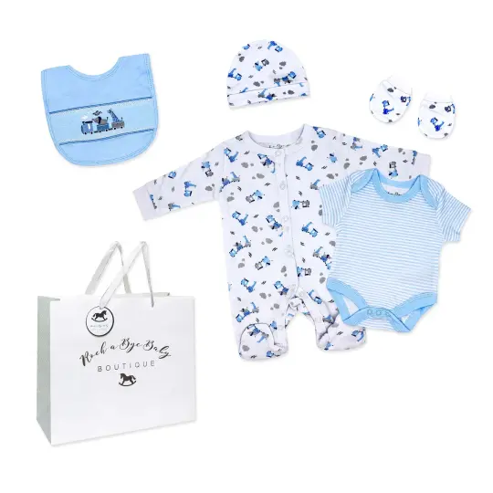 Rock A Bye Baby Boutique Boys Train 5 Pc Layette Gift Set 0-3M